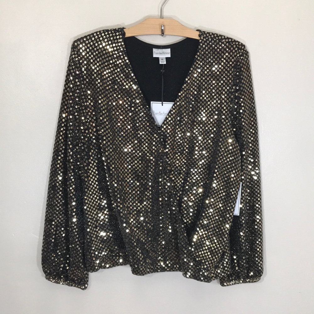 NWT Premier Amour Sequin Black and Gold Women's Top